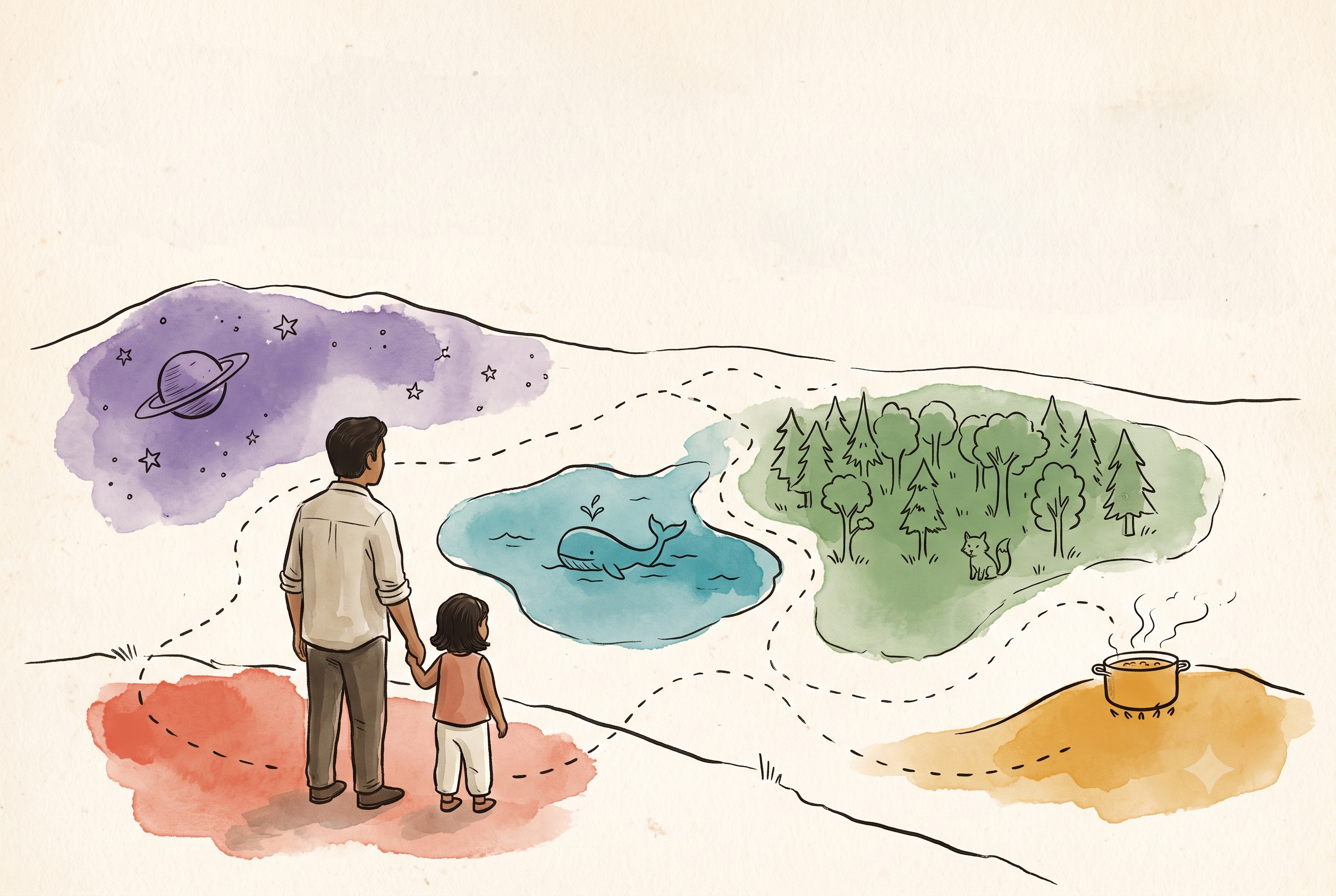 A parent and child at the edge of a whimsical map of wonders, with space, oceans, forests and more.